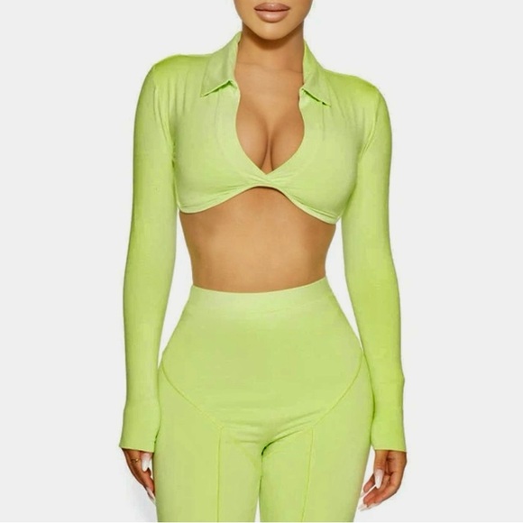 naked wardrobe Tops - NWT Naked Wardrobe Chartreuse Green Long Sleeve Collared Stretchy Crop Top